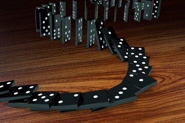 Black dominoes chain on a dark table. Domino effect concept