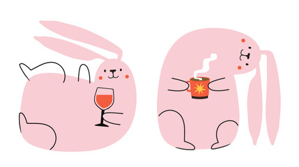 Vector illustration set with pink rabbits drinking wine and coffee or tea. Trendy print design collection of Chinese New Year 2023 symbol, year of rabbit. Sticker pack greeting card template - 520938937
