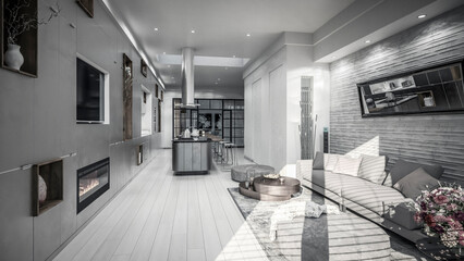 Sonniges Loft-Apartment im Design - 3D-Visualisierung in schwarz-weiß