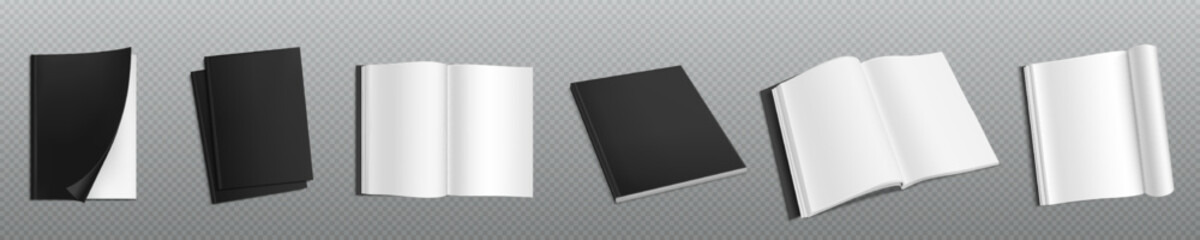 Mockup of blank book, booklet or magazine with soft black cover top view. Vector realistic template of 3d open and closed catalog, brochure or journal with empty white pages
