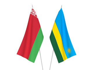 National fabric flags of Belarus and Republic of Rwanda isolated on white background. 3d rendering illustration.