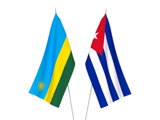 National fabric flags of Cuba and Republic of Rwanda isolated on white background. 3d rendering illustration.