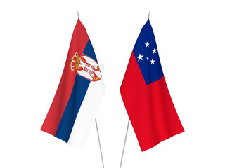 National fabric flags of Serbia and Independent State of Samoa isolated on white background. 3d rendering illustration.