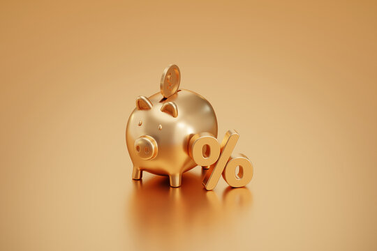 Gold interest financial business banking on percentage 3d background with golden piggy bank fee savings coin or investment finance market price rate and growth money profit income wealth percent tax.