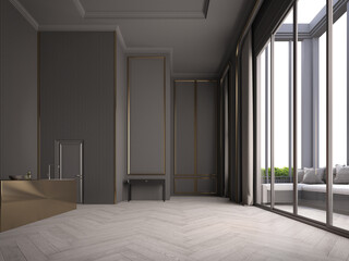 Empty modern classic interior room with gray wall and wooden floor.3d rendering