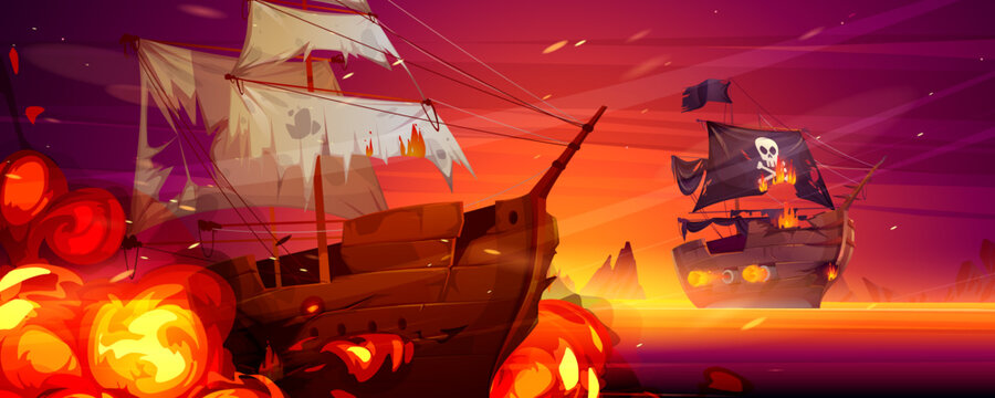 Sea battle of wooden ships at sunset. Vector cartoon illustration of seascape with pirate galleon with black sails and shooting cannons attack sailboat in fire