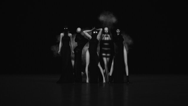 Gothic Women Line Up Gothcore Goth Core Girlfriend Spooky Sexy Occult Aesthetic Black and White 3d illustration render