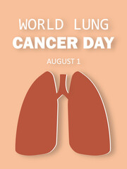 World Lung Cancer Day. August 1. Vertical pink banner in paper art style. Vector