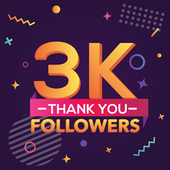 Thank you 3000 followers, thanks banner.First 3K follower congratulation card with geometric figures, lines, squares, circles for Social Networks.Web blogger celebrate a large number of subscribers.