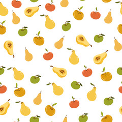 Fototapeta na wymiar Fruit seamless pattern. Apples and pears background. Harvest. Ripe farm fruits. Perfect for textile, printing, scrapbooking, wallpaper. Vector flat illustration isolated on the white background.