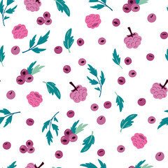 Berry Seamless Pattern. Raspberries, blueberries and leaves background. Harvest. Ripe farm fruits. Perfect for textile, printing, scrapbooking, wallpaper. Vector flat illustration