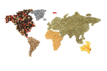 Map of world made from different kinds of spices isolated on white background