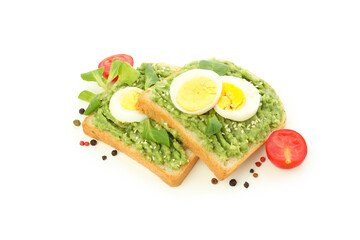 Concept of tasty breakfast, sandwiches with egg, isolated on white background