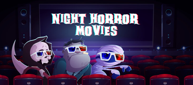 Night Horror Movies Cartoon Banner With Funny Monsters Sitting In Cinema Hall. Cute Grim Reaper With Scythe, Zombie And Mummy Halloween Personages Wear 3d Glasses Watching Film, Vector Illustration