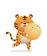 Cute tiger and moon character mascot celebrating mid-autumn festival