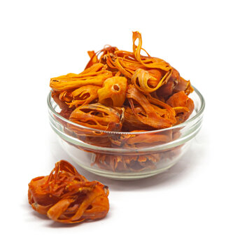 Sri Lankan mace spice raw on solid white background. Ceylon authentic mace spice raw. Mace is a yellowish-brown spice that is derived from the dried lacy coating of the nutmeg seed.