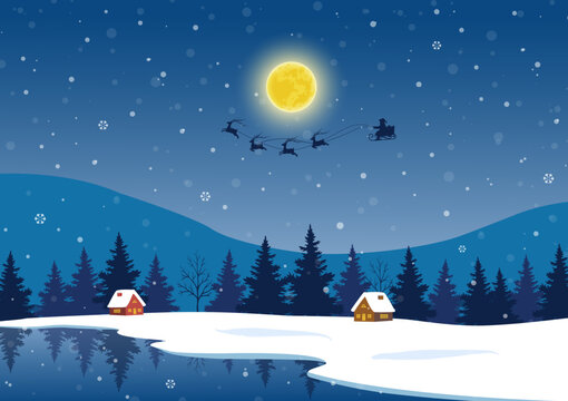 Winter background with Santa Claus coming to countryside on frozen lake at night scene