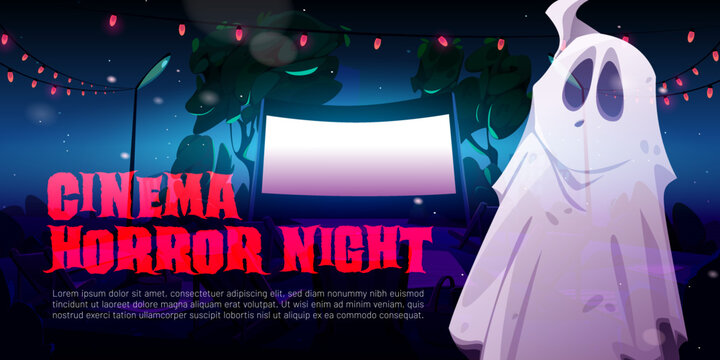 Cinema horror night cartoon banner. Funny ghost at outdoor movie theater with large screen and garlands around. Invitation at film festival with Halloween fantasy spook character, Vector illustration