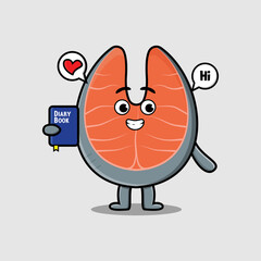 Cute cartoon fresh salmon character holding diary book with happy expression in flat cartoon style