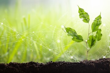Young plant with cyber display of technological smart farming and Agriculture Innovation Concept.