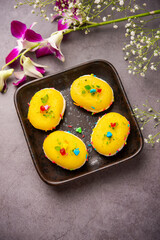 Malai Chop or Cream sandwich made using filling Rasgulla or Gulab jamun sweet is a Bengali sweet