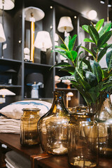 View of assortment of decor for interior shop in store of shopping center. Home accessories and household products for living room in store of shopping centre. View of decorative glass vessels on