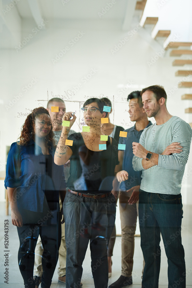 Poster Diverse team of creative designers brainstorming and planning in an office together using sticky notes. Group leader and casual employees working on a schedule and developing ideas and business goals
