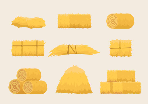 haystack. farm rural natural hay different forms square and circle rolled. Vector haystack yellow collection