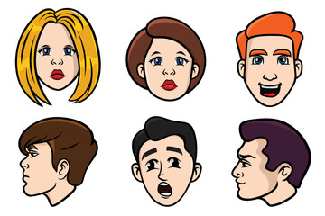 Cartoon faces, Vector faces set, Cartoon heads, Clip art vector illustration, Woman and man faces, Human faces expressing, Flat avatars, Cartoon character, Funny expressions, Smiling people,