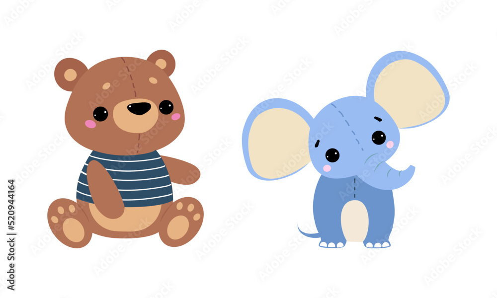 Wall mural sewed teddy bear and elephant as colorful kids toy vector set