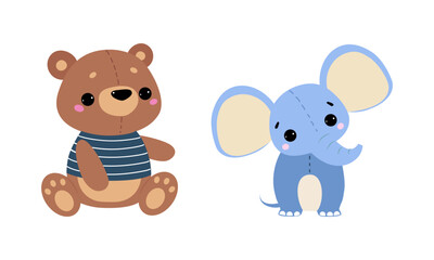 Sewed Teddy Bear and Elephant as Colorful Kids Toy Vector Set