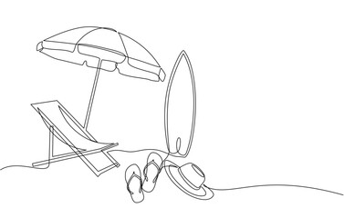 Continuous line drawing of summer vacation concept, sandy beach, beach umbrella, lounge chairs, surfing board, straw hat and flip flops on tropical beach in single line doodle style. Editable strokes.