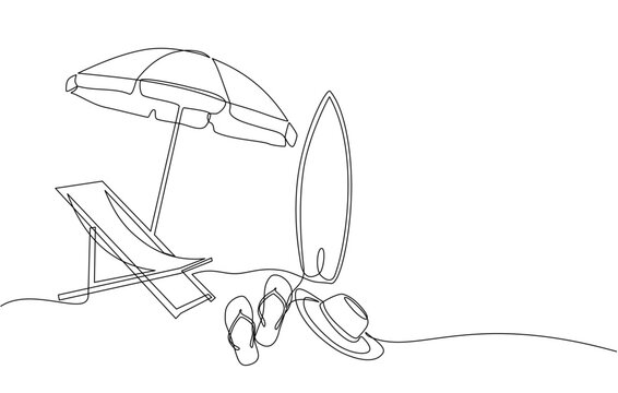 recommend clip art: Continuous line drawing of summer vacation concept, sandy beach, beach umbrella, lounge chairs, surfing board, straw hat and flip flops on tropical beach in single line doodle style. Editable strokes.