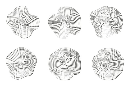 Wooden tree rings. Abstract topography circles. Organic texture shapes. Vector outline illustrations set.