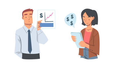 Fototapeta na wymiar Man and Woman Analyzing Financial Profit Growth and Evaluating Revenue and Expense Vector Set