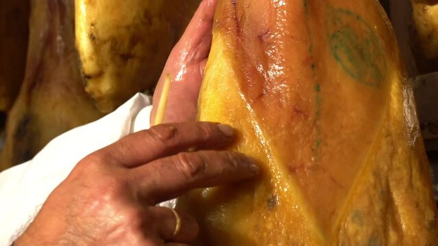 Leg of Iberian ham detailed macro shoot moving, where it is seen in the reflections of light on the black brown skin of the Iberian pig .the curator put a stick in  to test the pig leg to know if good