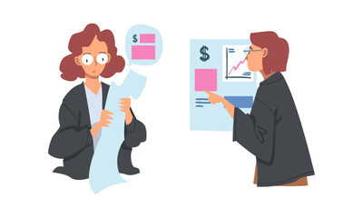 Woman Analyzing Financial Profit Growth and Evaluating Revenue and Expense Vector Set