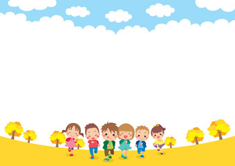 銀杏並木を元気いっぱいに走る可愛い小さな子供たちのイラスト　テンプレート　コピースペース　背景