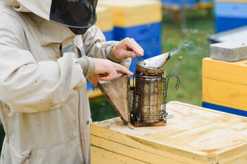 A tools of the beekeeper. Everything for a beekeeper to work with bees. Smoker, a chisel, a box,...