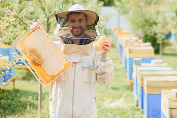 Beekeeping, beekeeper at work, bees in flight.