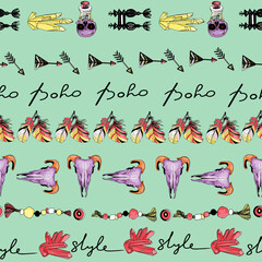 Vector pattern boho style. Crystal, feathers, Animal skulls, ornament. Seamless illustration for printing on textiles, blank for designers, logo