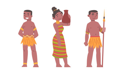 Barefoot African Aboriginal Man and Woman Character Dressed in Traditional Tribal Clothing Vector Set