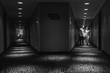 Couple in love standing and kissing in the corridor of the hotelwalking along the corridor of the hotel