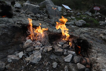 Flames from the underground of Mount Chimera, Cirali, yanartas Milli park, Turkey	
