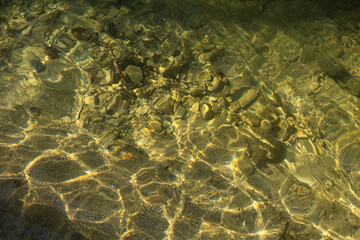 Water mountain river texture. Full frame. Fashionable light beige iridescent color of pure water....