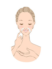 丁寧なスキンケアをする美しい女性　ほうれい線