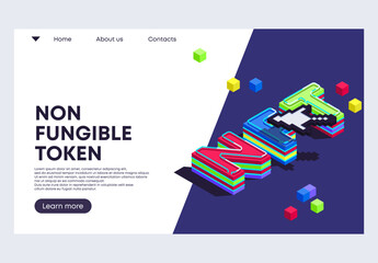 Vector illustration of a template for a website of the letter NFT with a pixel mouse cursor in the style of isometry with the effect of neon illumination