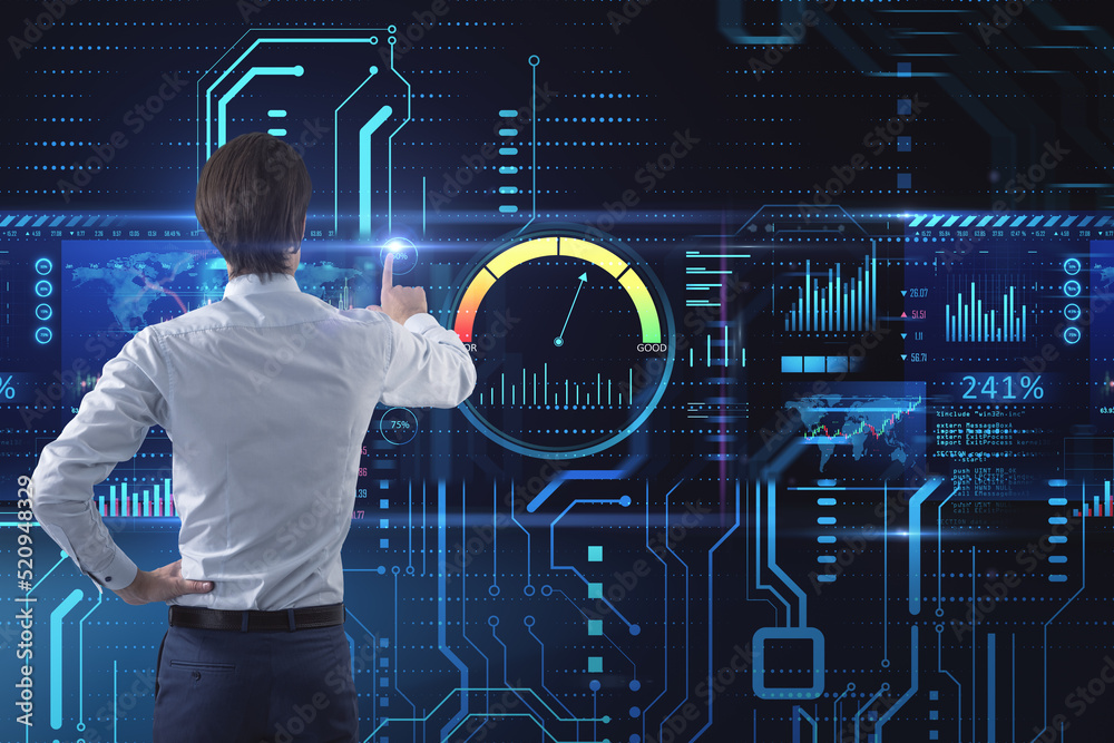 Poster businessman using high-tech sensor circuit board panel hologram with business chart. technology and 