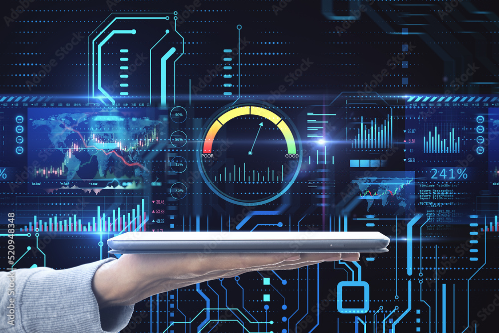 Poster close up of hand holding tablet with high-tech sensor circuit board panel hologram with business cha