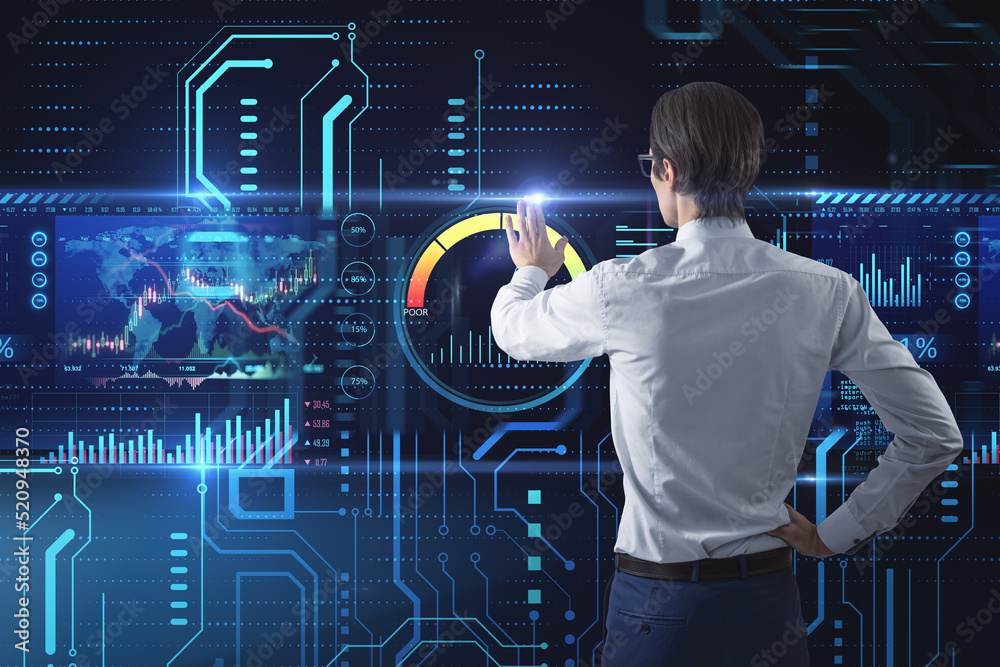 Poster back view of attractive young european man using high-tech sensor circuit board panel hologram with 